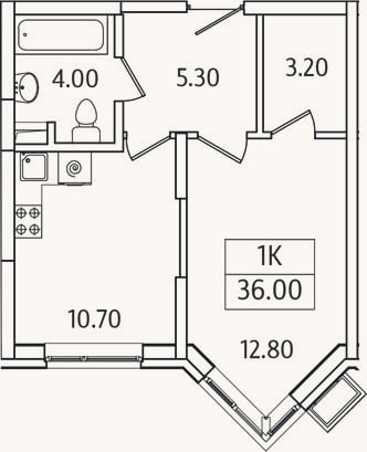 Планировка: 1-к, 36 м²
