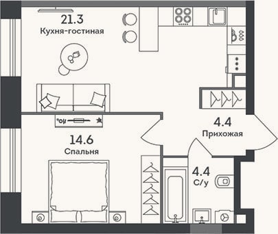 Планировка: 2-к, 44,7 м²
