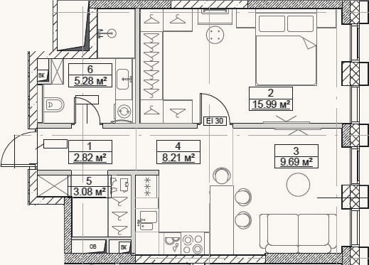 Планировка: 2-к, 45,1 м²