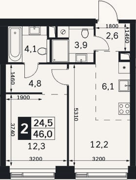 Планировка: 2-к, 46 м²