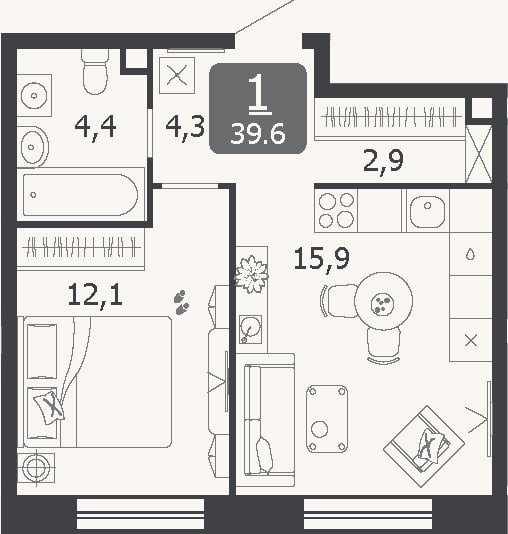 Планировка: 2-к, 39,6 м²