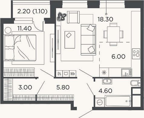 Планировка: 2-к, 49,1 м²