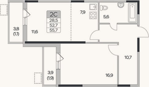 Планировка: 2-к, 52,7 м²