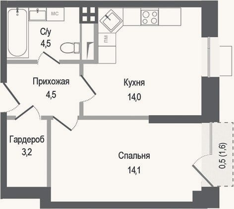 Планировка: 1-к, 40,3 м²