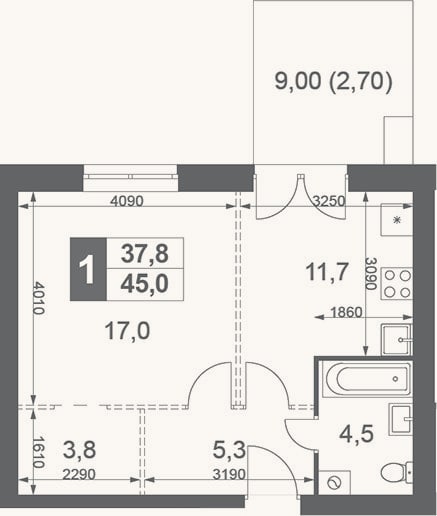 Планировка: 1-к, 42,3 м²