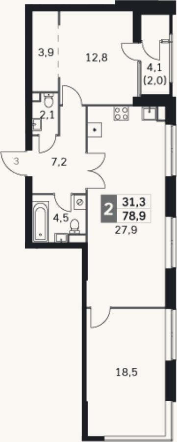 Планировка: 2-к, 76,9 м²