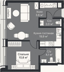 Планировка: 2-к, 39,3 м²