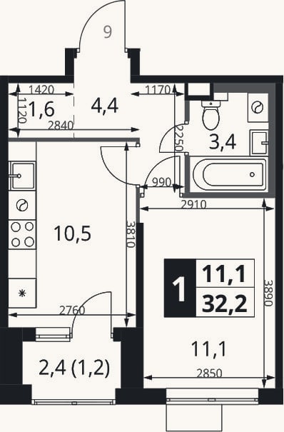 Планировка: 1-к, 31 м²