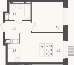 Планировка: 2-к, 35,5 м²