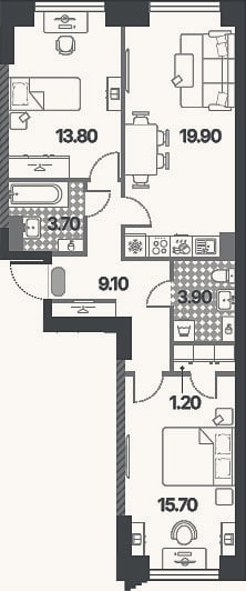 Планировка: 3-к, 67,3 м²