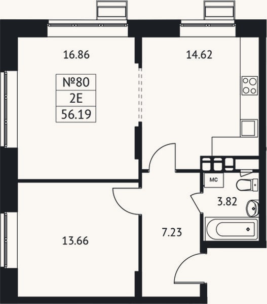 Планировка: 2-к, 56,2 м²