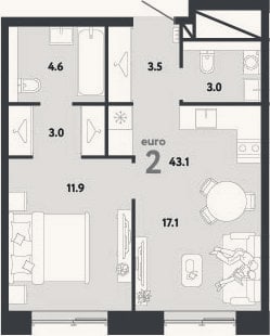 Планировка: 2-к, 43,1 м²