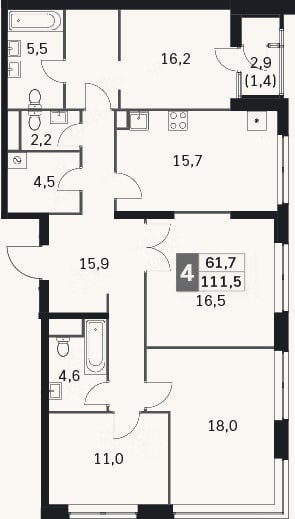 Планировка: 4+ к, 109 м²