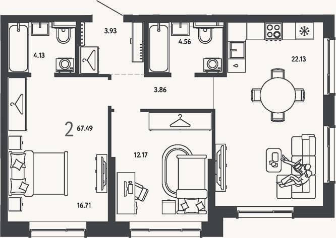 Планировка: 2-к, 67,5 м²
