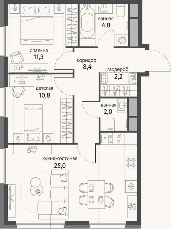 Планировка: 3-к, 64,5 м²