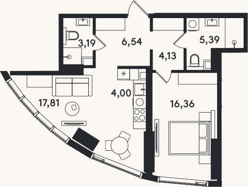 Планировка: 2-к, 57,4 м²