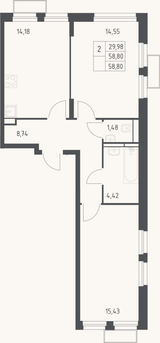 Планировка: 2-к, 58,8 м²
