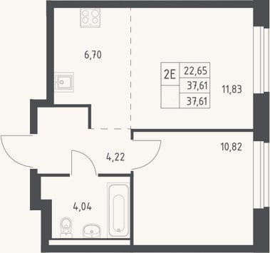 Планировка: 2-к, 37,6 м²