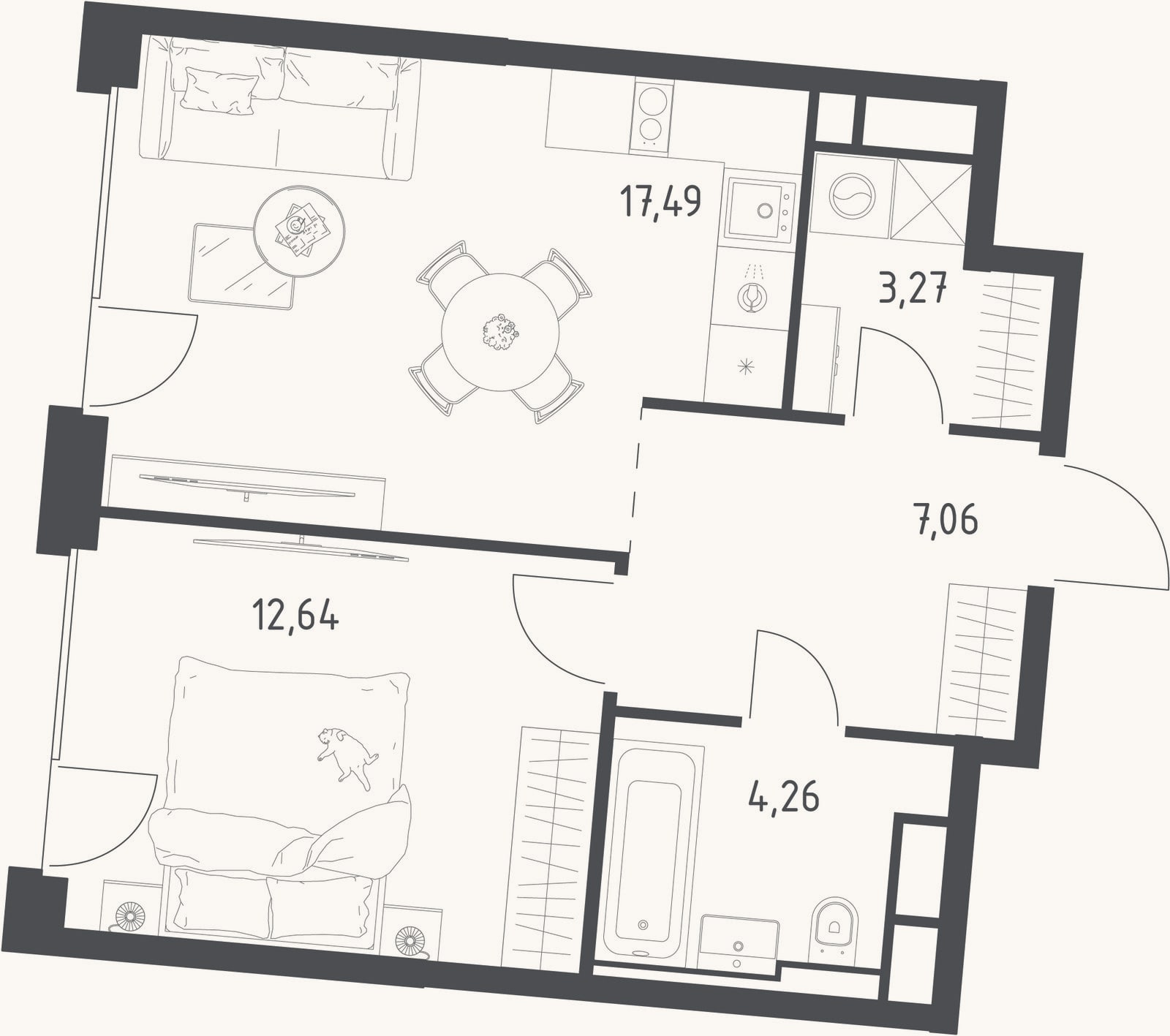Планировка: 2-к, 44,7 м²