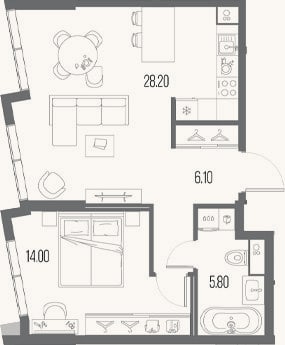 Планировка: 1-к, 54,2 м²