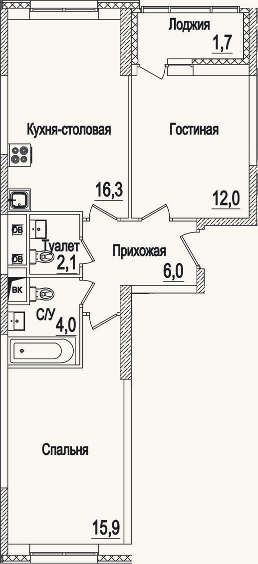 Планировка: 3-к, 56,3 м²