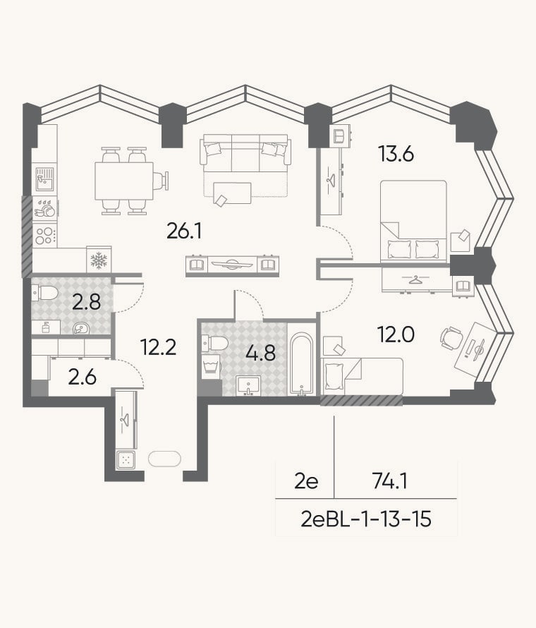 Планировка: 3-к, 74,1 м²