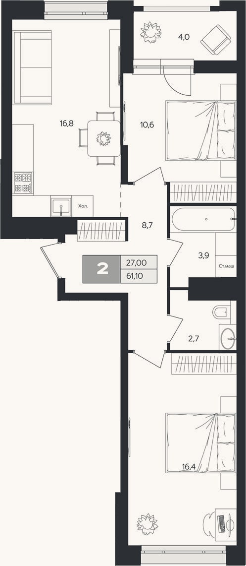 Планировка: 2-к, 59,1 м²