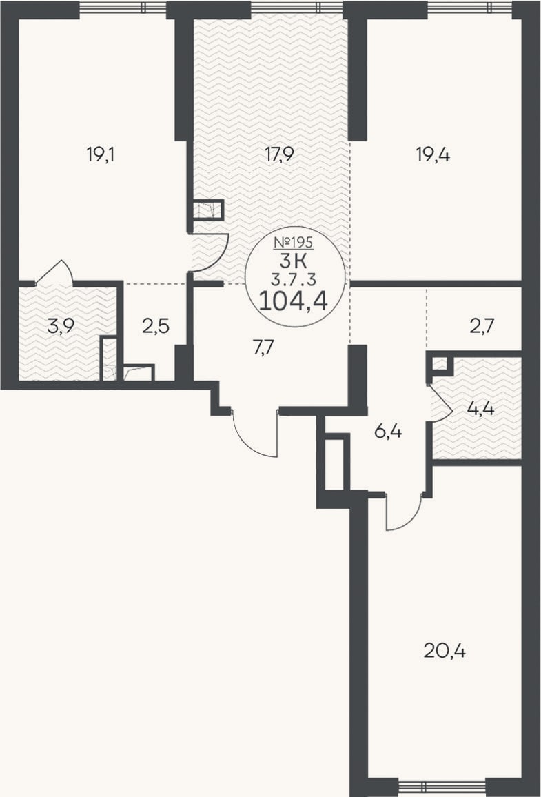 Планировка: 3-к, 104,4 м²