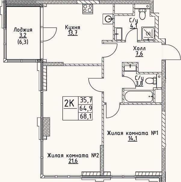Планировка: 2-к, 64,9 м²