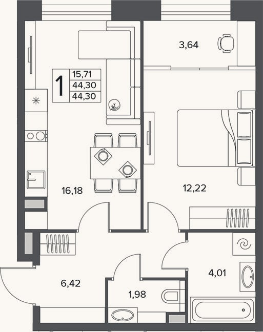Планировка: 2-к, 44,3 м²