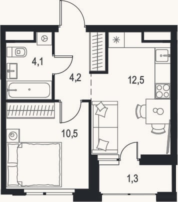 Планировка: 1-к, 31,3 м²