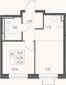 Планировка: 2-к, 34,1 м²
