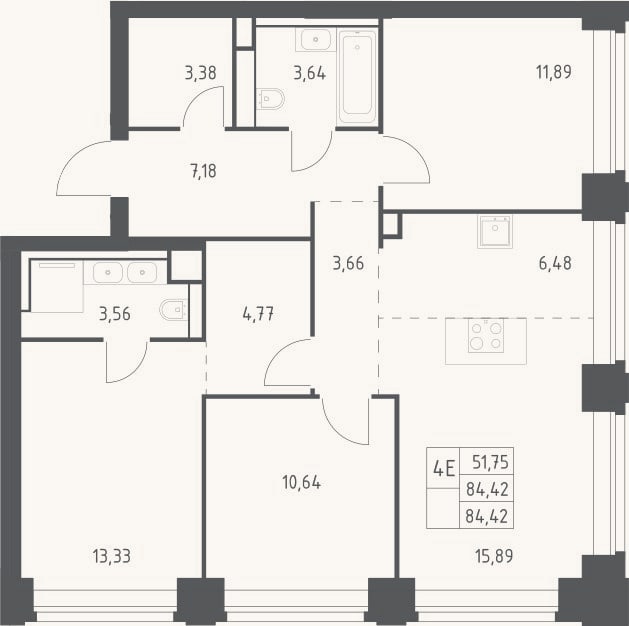 Планировка: 4+ к, 84,4 м²