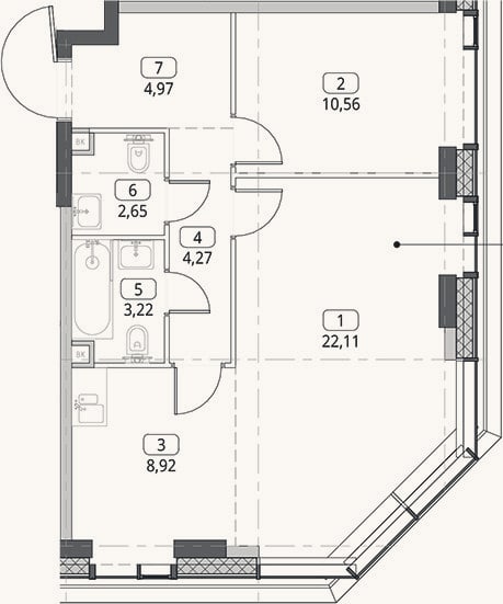 Планировка: 2-к, 56,7 м²