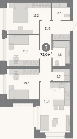 Планировка: 3-к, 73 м²
