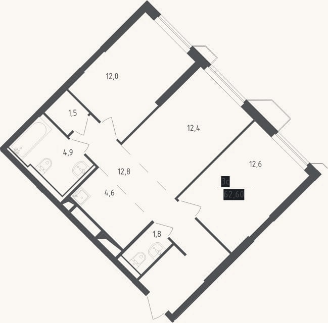 Планировка: 3-к, 62,6 м²