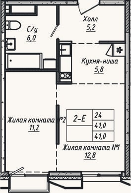 Планировка: 2-к, 41 м²