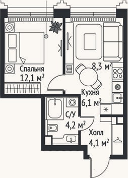 Планировка: 2-к, 34,8 м²