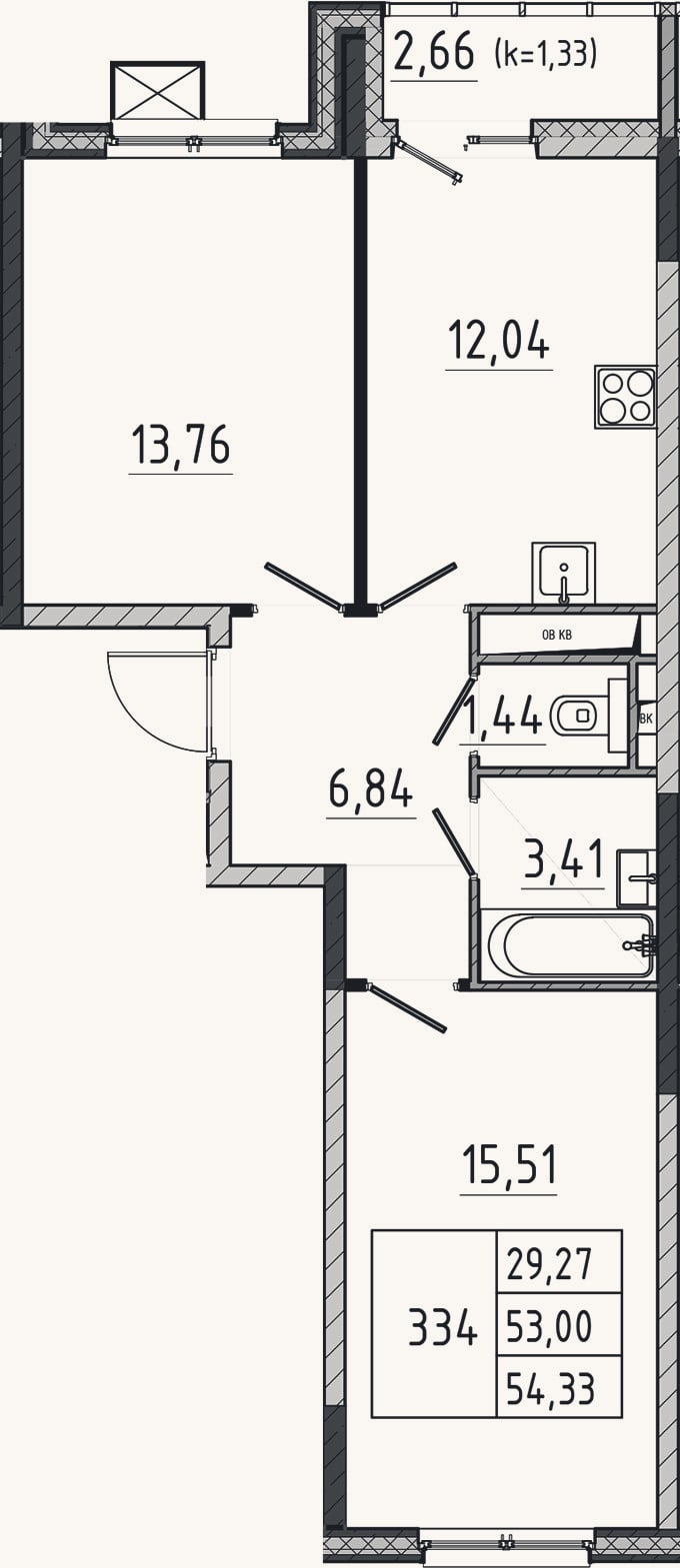 Планировка: 2-к, 53 м²