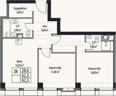 Планировка: 2-к, 62,3 м²