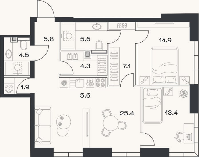 Планировка: 3-к, 80,2 м²