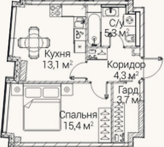 Планировка: 1-к, 41,8 м²