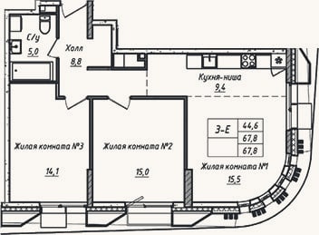 Планировка: 3-к, 67,8 м²