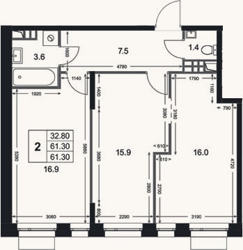 Планировка: 2-к, 61,3 м²