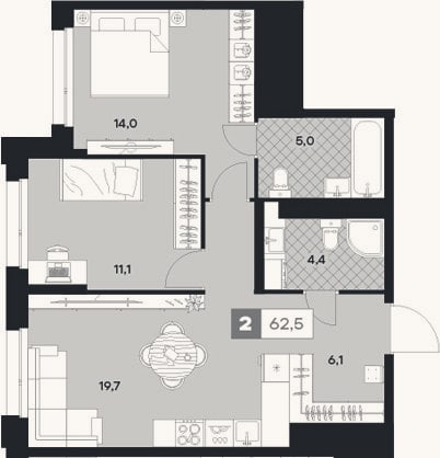 Планировка: 2-к, 62,5 м²