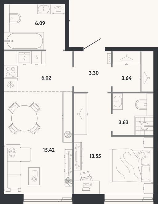 Планировка: 1-к, 51,7 м²