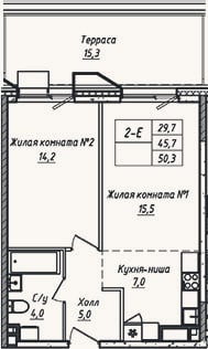 Планировка: 2-к, 45,7 м²