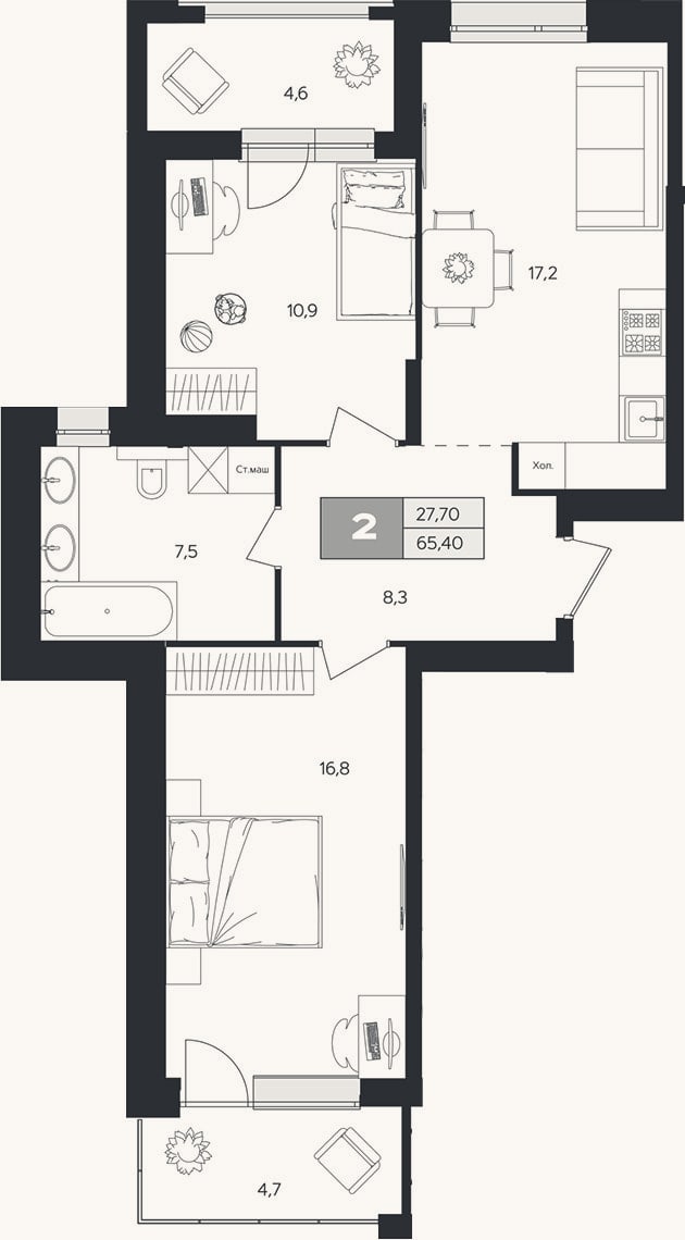 Планировка: 2-к, 60,8 м²