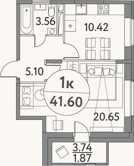 Планировка: 1-к, 39,7 м²