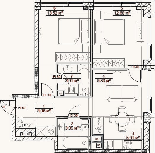 Планировка: 3-к, 57,8 м²